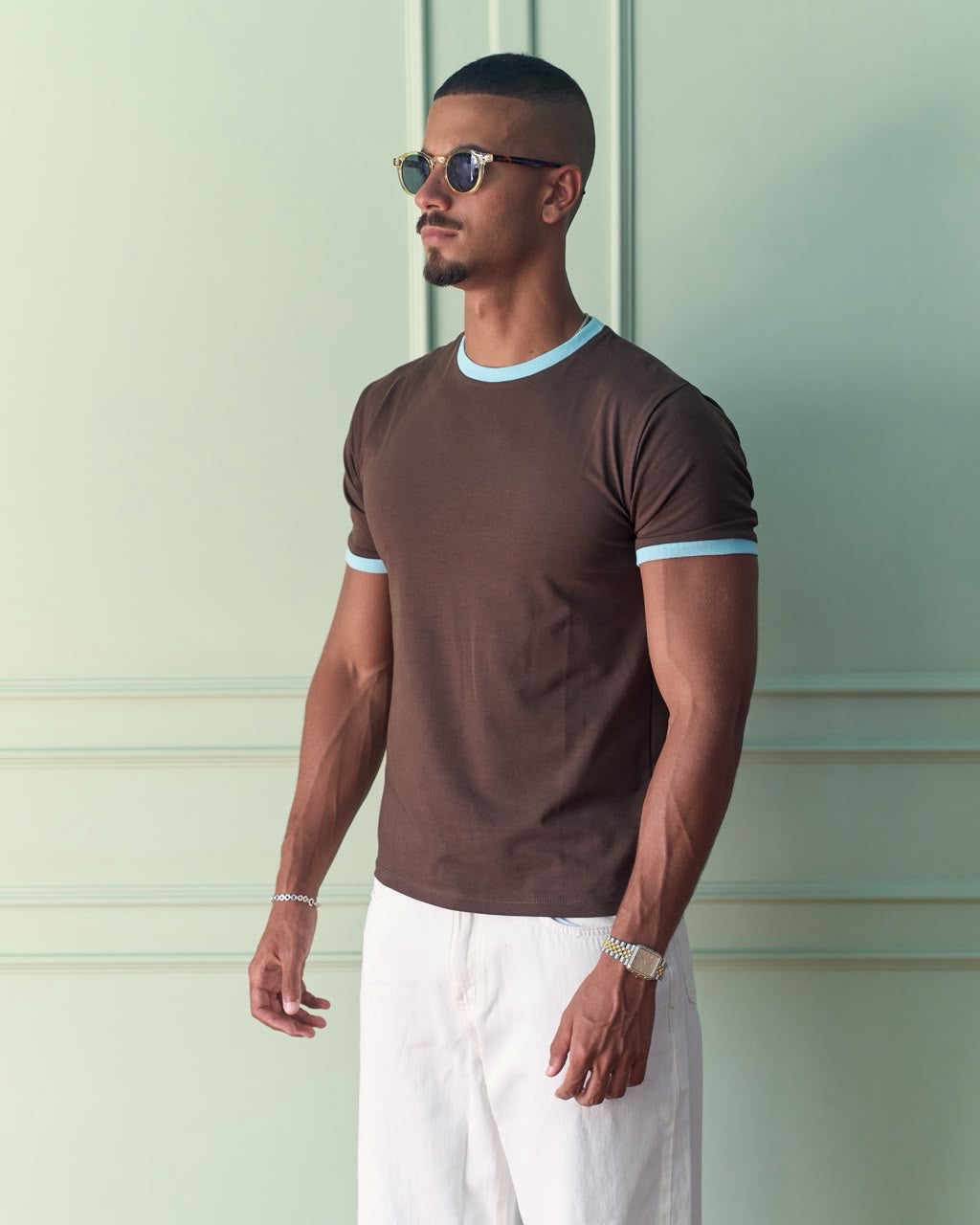 Fitted Ringer T-Shirt - Brown/Mint