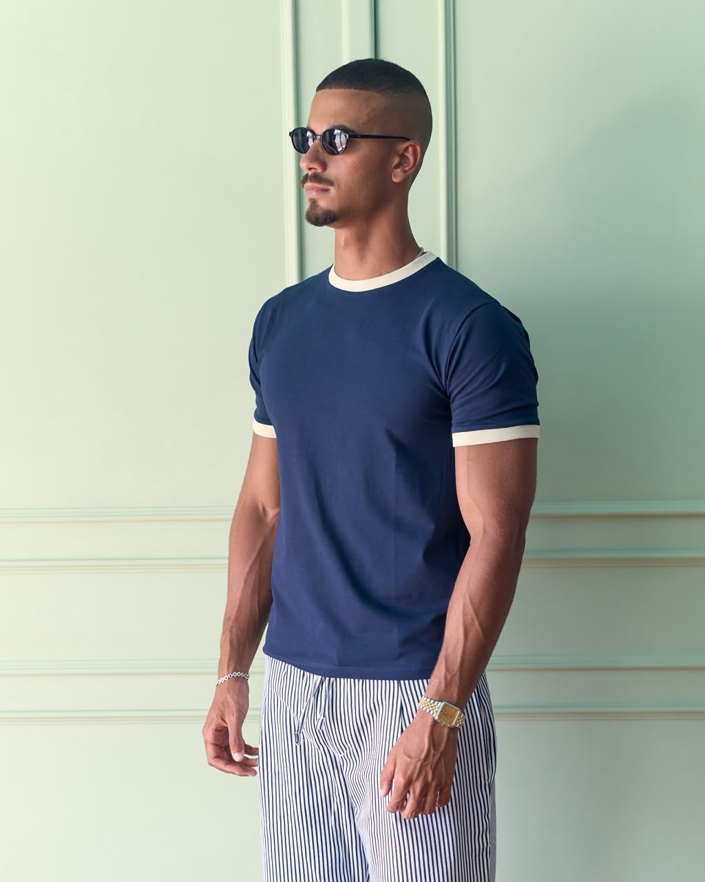 Fitted Ringer T-Shirt - Navy/Cream