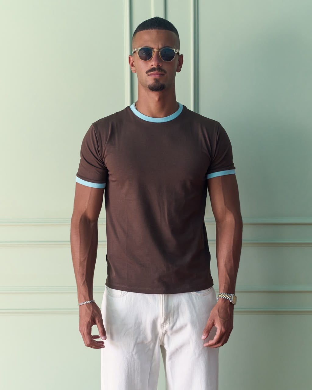 Fitted Ringer T-Shirt - Brown/Mint