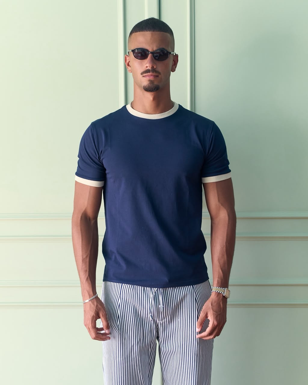 Fitted Ringer T-Shirt - Navy/Cream