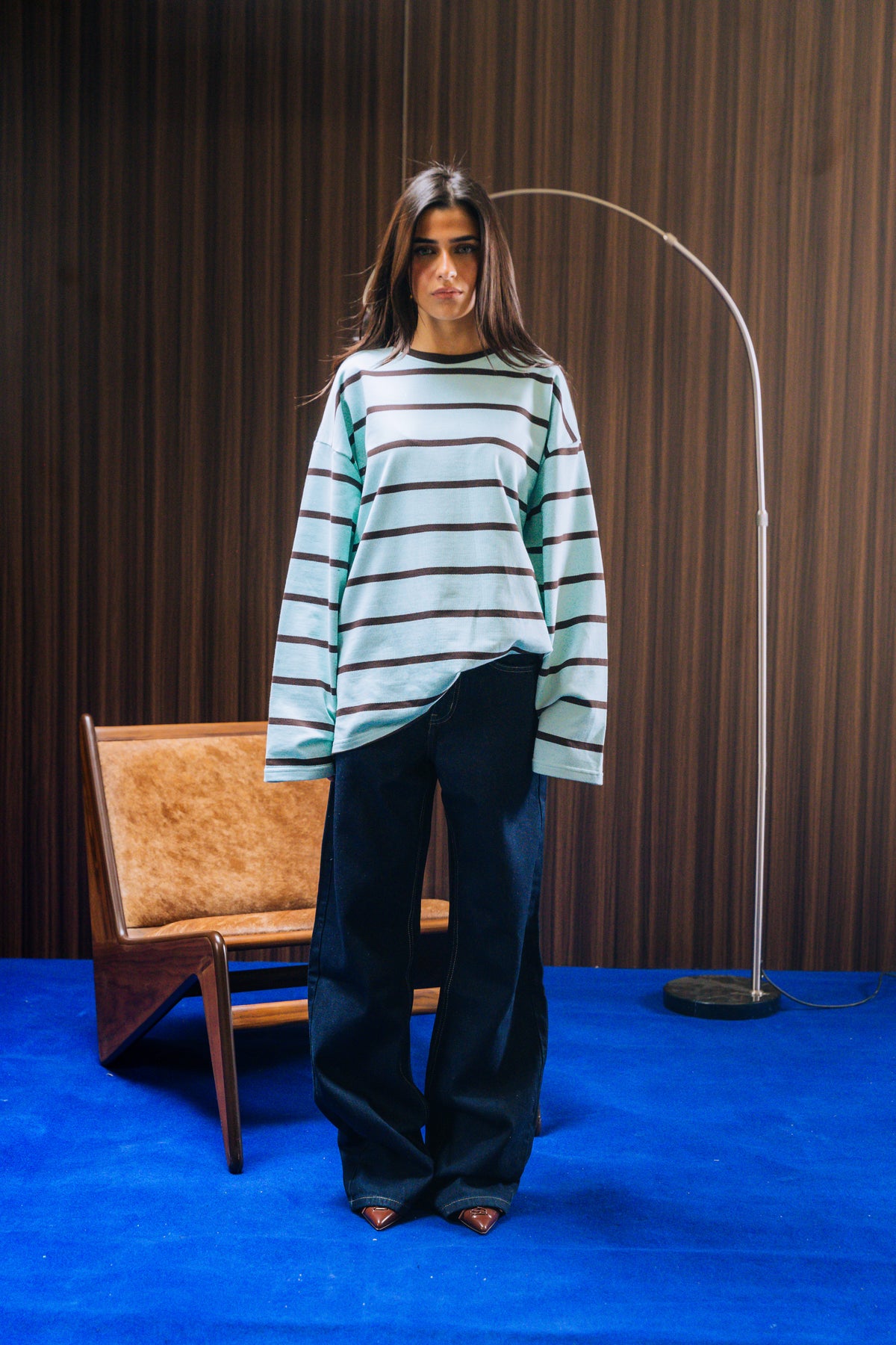 Striped Long Sleeve Tee - Teal / Brown