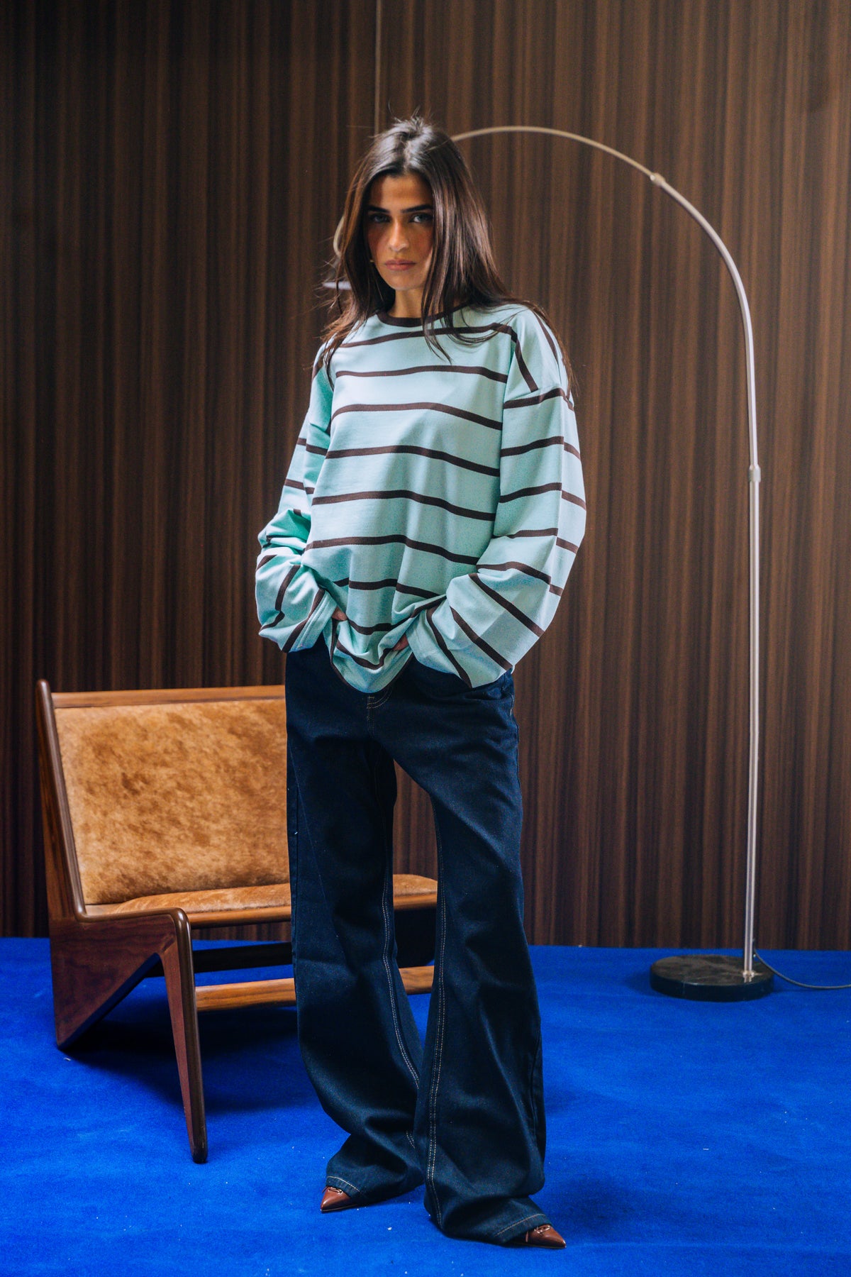Striped Long Sleeve Tee - Teal / Brown