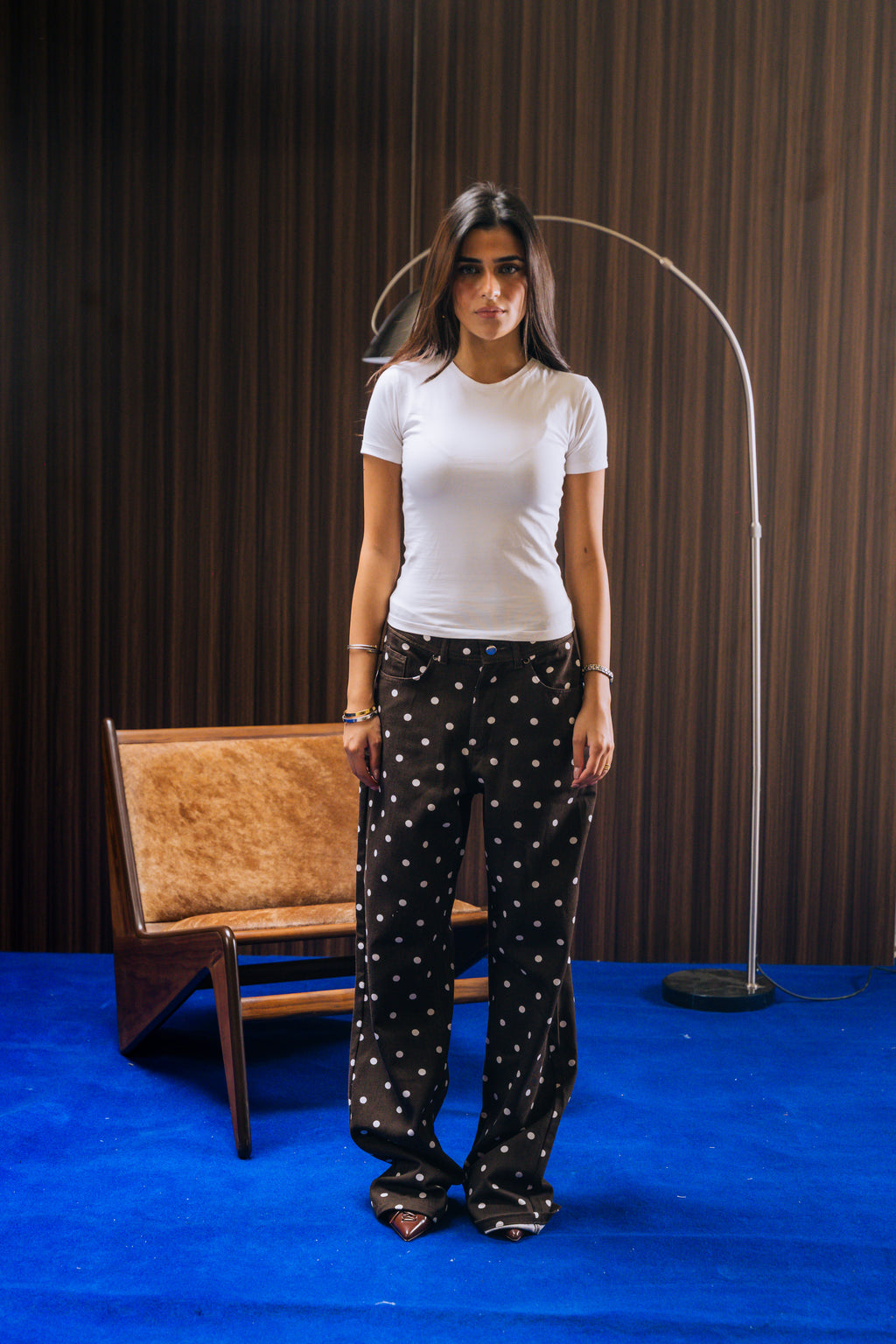 Polka Dot Denim Pants - Dark Brown