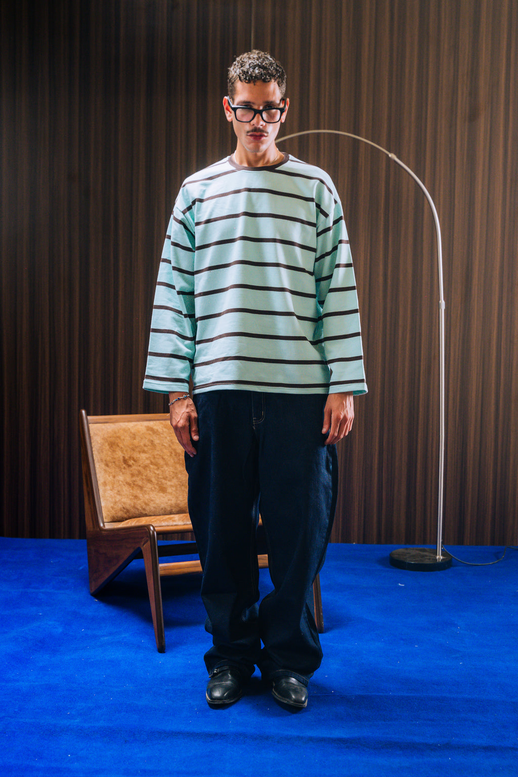 Striped Long Sleeve Tee - Teal / Brown
